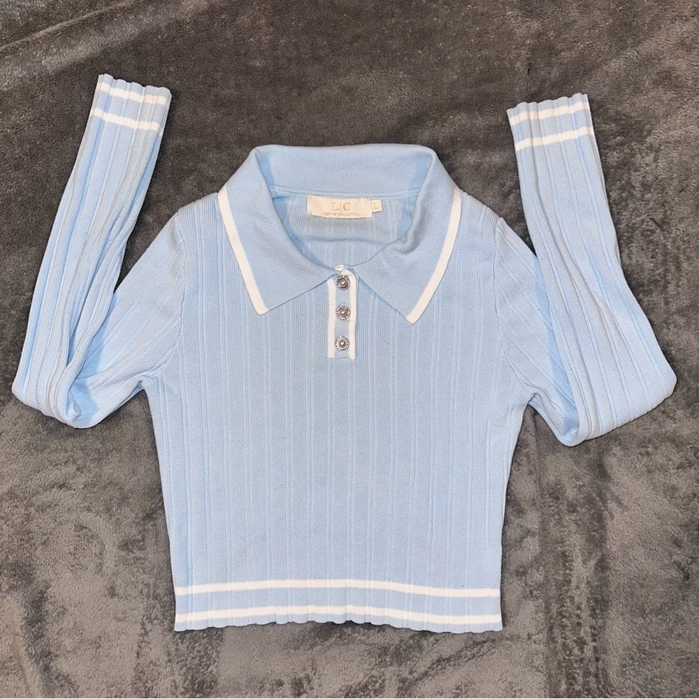 LC Lizette Collection Blue Rhinestone Button Up Sweater - *see details on size*